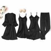 Women’s Hot Lace Short Nighty – 5PC Set | Padded Stretchable Lingerie & Sleepwear | Premium Silk Fabric