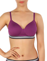 LIGHTLY PADDED NON WIRED TSHIRT BRA WITH STRIPED ELASTIC WAIST BAND-PURPLE