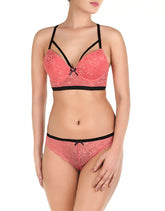 ALL OVER LACE LONGLINE CAGE CUP PUSH UP BRA SET-TEA ROSE