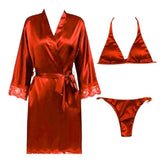 3-Piece Bridal Maroon Nighty Set | Hot Sexy Silk Long Gown with Bikini | Night Suit & Sleepwear for Women