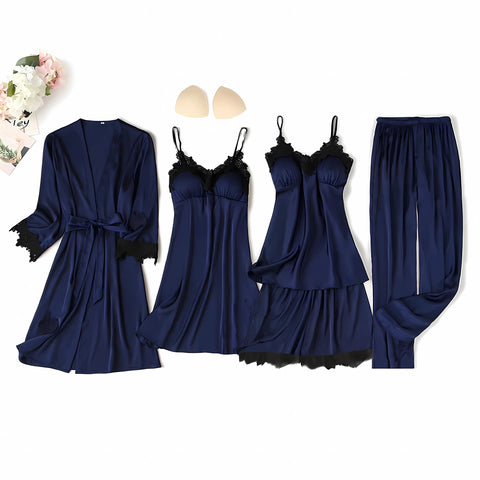 Women’s Hot Lace Short Nighty – 5PC Set | Padded Stretchable Lingerie & Sleepwear | Premium Silk Fabric