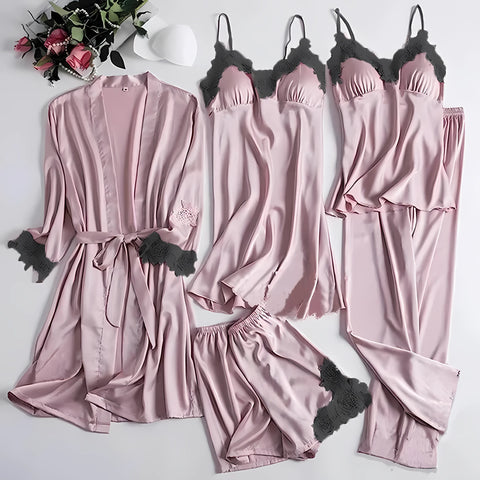 Women’s Hot Lace Short Nighty – 5PC Set | Padded Stretchable Lingerie & Sleepwear | Premium Silk Fabric