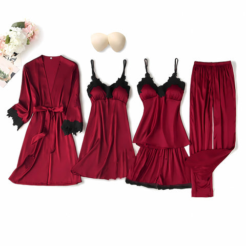 Women’s Hot Lace Short Nighty – 5PC Set | Padded Stretchable Lingerie & Sleepwear | Premium Silk Fabric