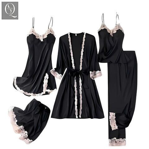 Stylish Silk Night Dress & Lingerie Set – Pack of 5