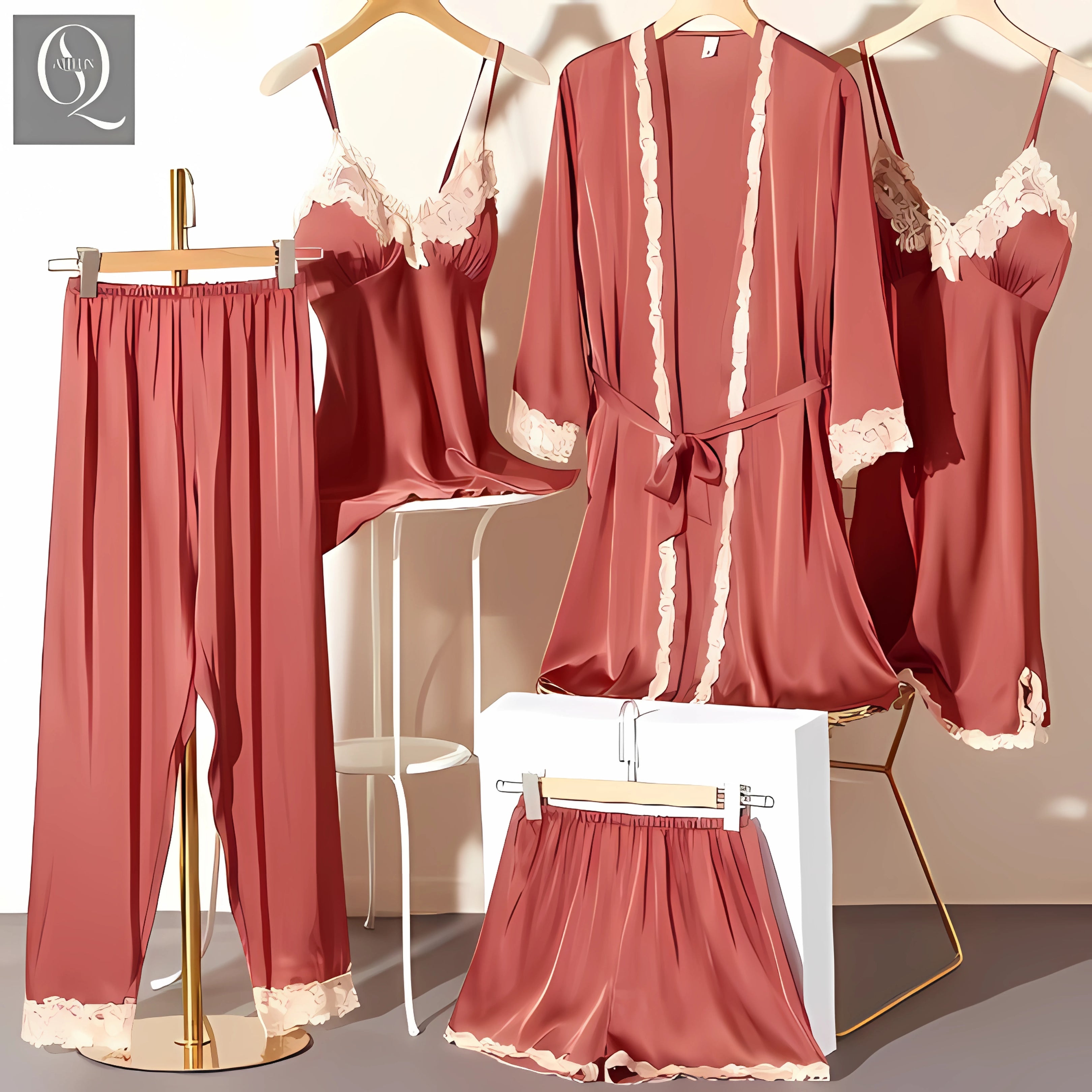 Stylish Silk Night Dress & Lingerie Set – Pack of 5