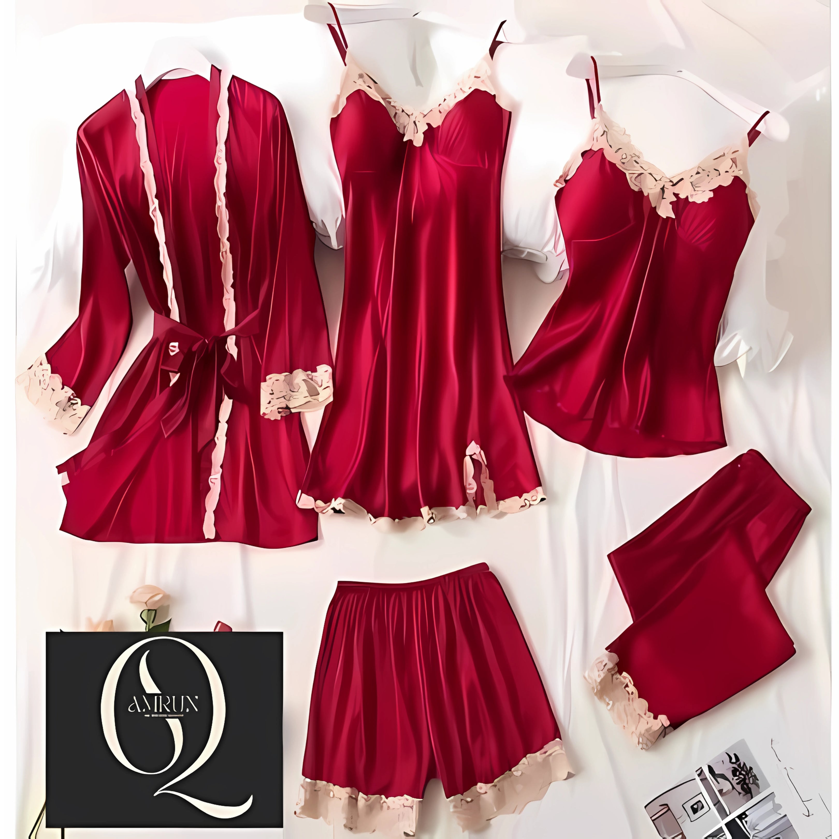 Stylish Silk Night Dress & Lingerie Set – Pack of 5
