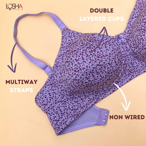 COTTON DOUBLE LAYERED NON WIRED PRINTED WITH CONVERTIBLE STRAPS -LAVENDAR PRINT