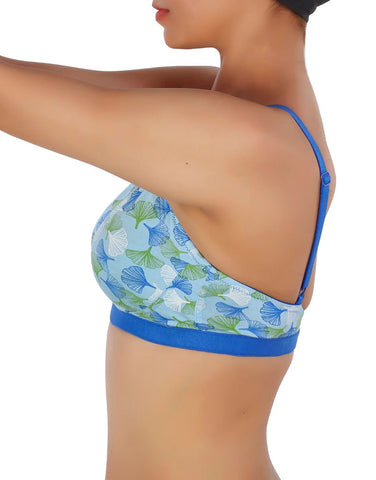 DOUBLE LAYERED COTTON WIREFREE BRA WITH FLORAL PRINT-BLUE