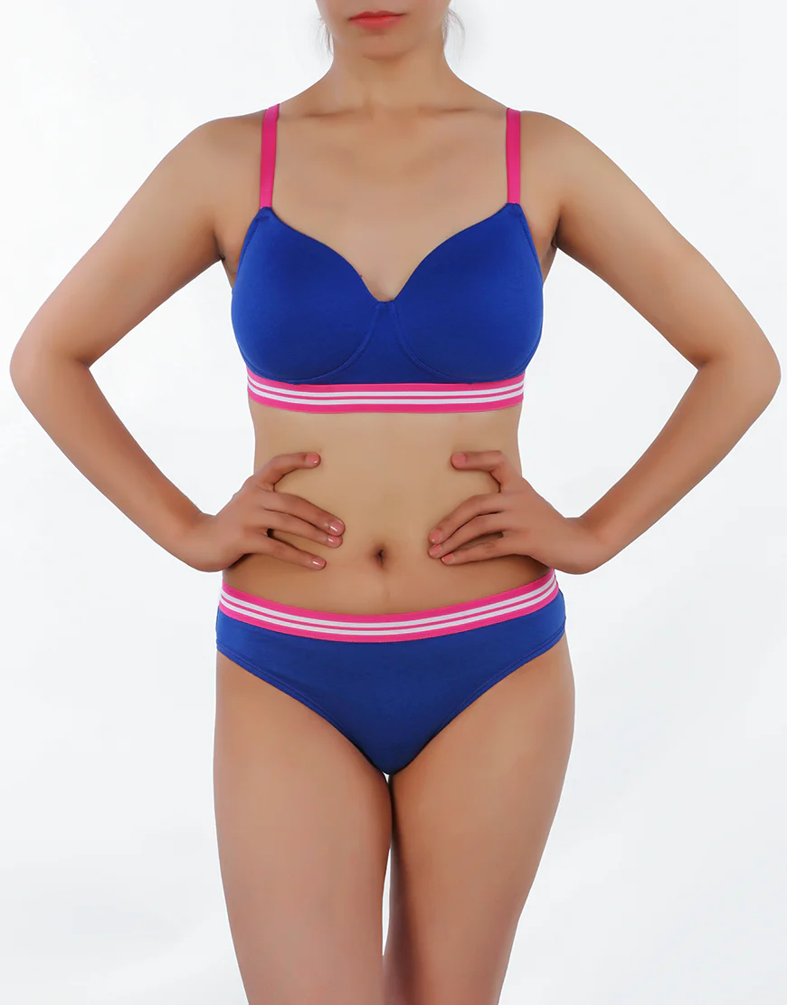 LIGHTLY PADDED NON WIRED TSHIRT BRA WITH STRIPED ELASTIC WAIST BAND-BLUE
