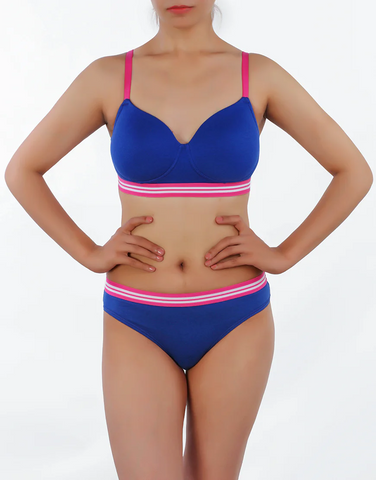 LIGHTLY PADDED NON WIRED TSHIRT BRA WITH STRIPED ELASTIC WAIST BAND-BLUE