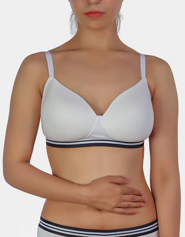 LIGHTLY PADDED NON WIRED TSHIRT BRA WITH STRIPED ELASTIC WAIST BAND-WHITE