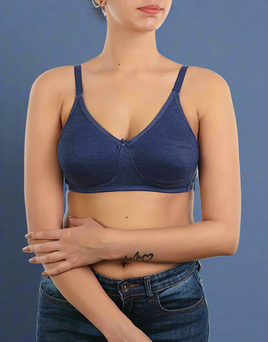 COTTON DOUBLE LAYERED MOULDED CUPS WIRE-FREE BRA-BLUE DEPTHS
