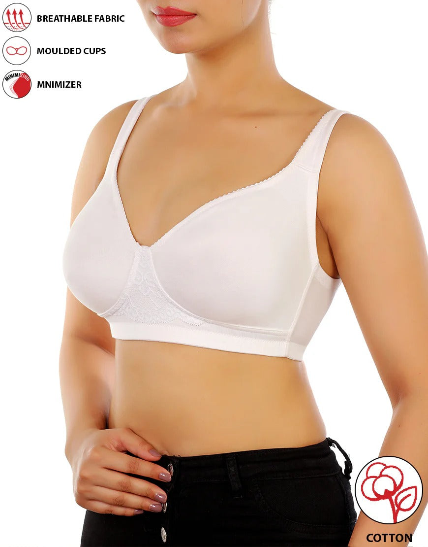 COTTON FULL COVERAGE SINGLE LAYERED WIRE-FREE BRA -WHITE