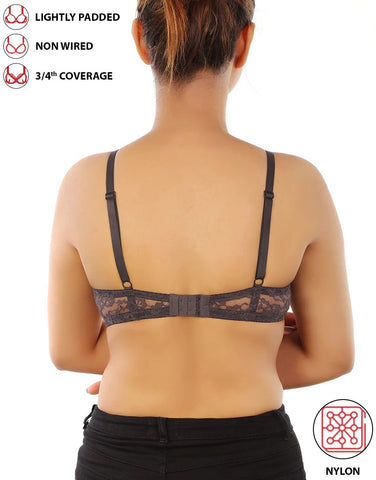 LIGHTLY PADDED WIRE-FREE 3/4TH COVERAGE ALL OVER LACE BRA- FORGGED IRON