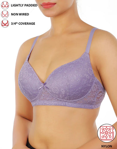 LIGHTLY PADDED WIRE-FREE 3/4TH COVERAGE ALL OVER LACE BRA- VOILET TULIP