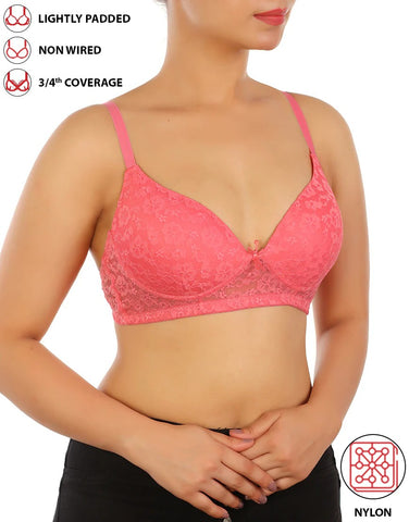 LIGHTLY PADDED WIRE-FREE 3/4TH COVERAGE ALL OVER LACE BRA- PINK LEMONADE