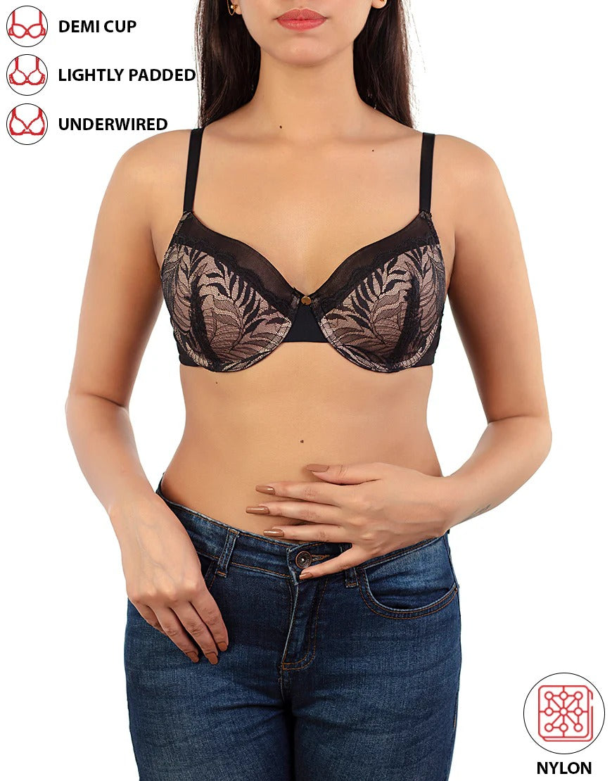 FEATHER LIGHT PADDED LACE DEMI CUP BRA-BLACK