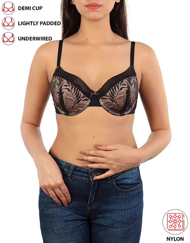 FEATHER LIGHT PADDED LACE DEMI CUP BRA-BLACK