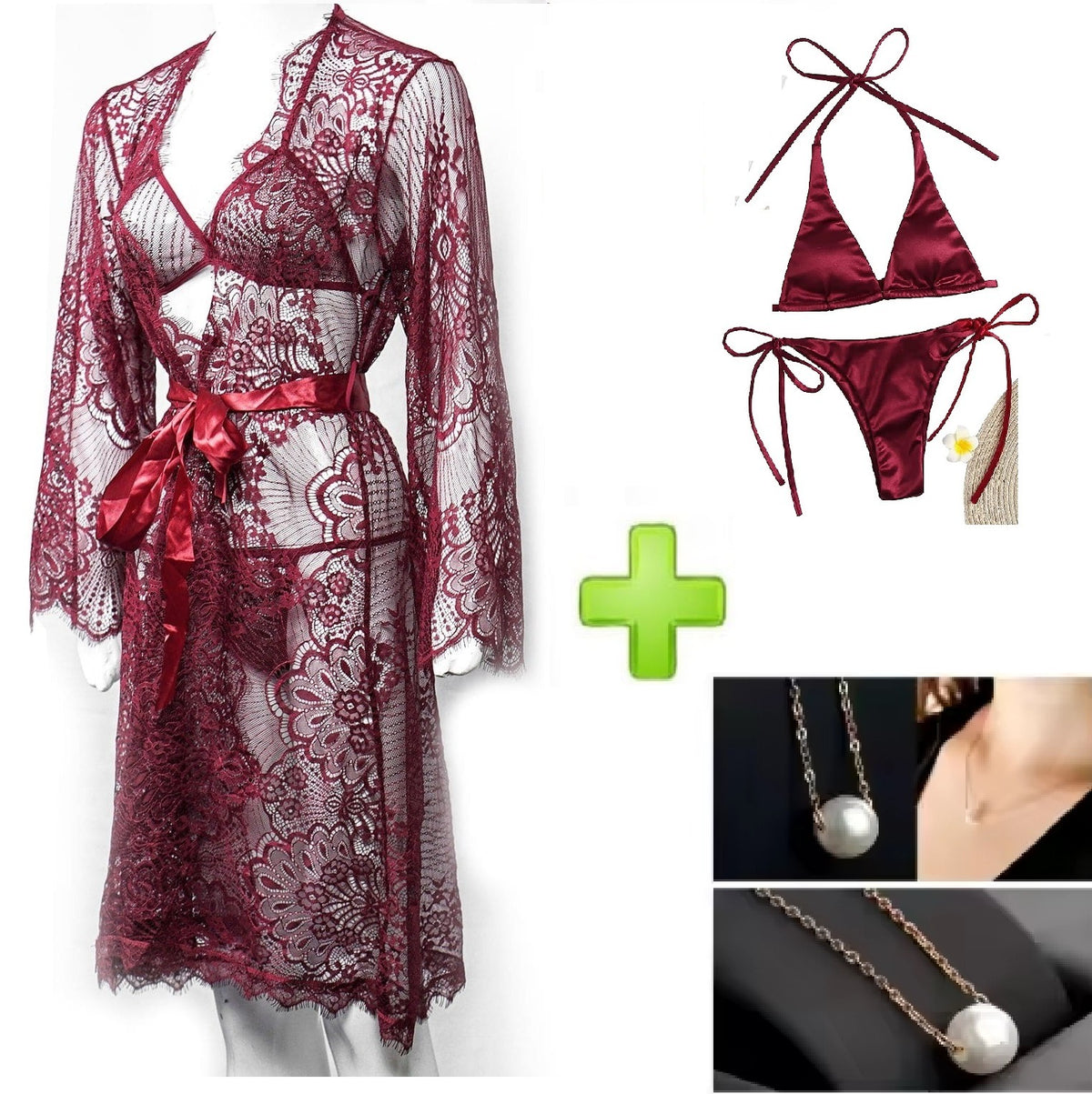 Pack of 4 – Lace Net See-Through Bridal Nighty Set | Babydoll Nightwear with Bikini & Necklace | Valentine & Honeymoon Special