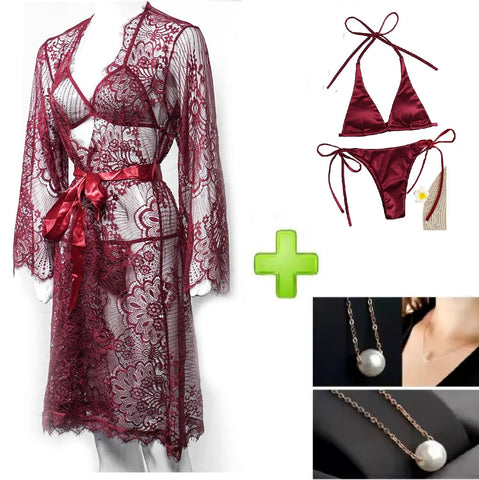 Pack of 4 – Lace Net See-Through Bridal Nighty Set | Babydoll Nightwear with Bikini & Necklace | Valentine & Honeymoon Special