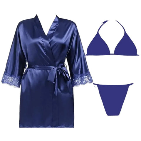3-Piece Bridal Maroon Nighty Set | Hot Sexy Silk Long Gown with Bikini | Night Suit & Sleepwear for Women