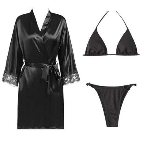 3-Piece Bridal Maroon Nighty Set | Hot Sexy Silk Long Gown with Bikini | Night Suit & Sleepwear for Women