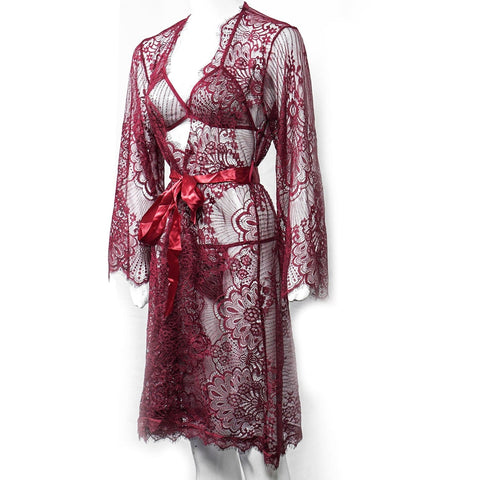 3-Piece Bridal Maroon Nighty Set | Hot Sexy Silk Long Gown with Bikini | Night Suit & Sleepwear for Ladies