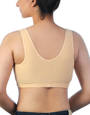 COTTON FRONT OPEN SLIP ON POST SURGICAL BRA WITH POCKETS-SKIN