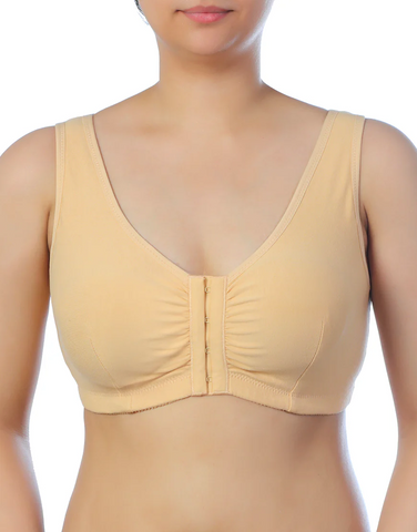 COTTON FRONT OPEN SLIP ON POST SURGICAL BRA WITH POCKETS-SKIN