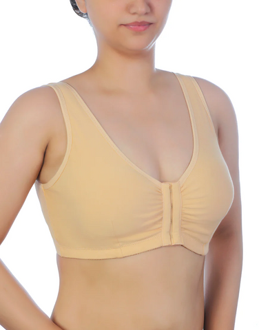 COTTON FRONT OPEN SLIP ON POST SURGICAL BRA WITH POCKETS-SKIN